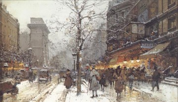 Un bulevar concurrido bajo la nieve Impresionismo gouache parisino Eugene Galien Laloue Pinturas al óleo